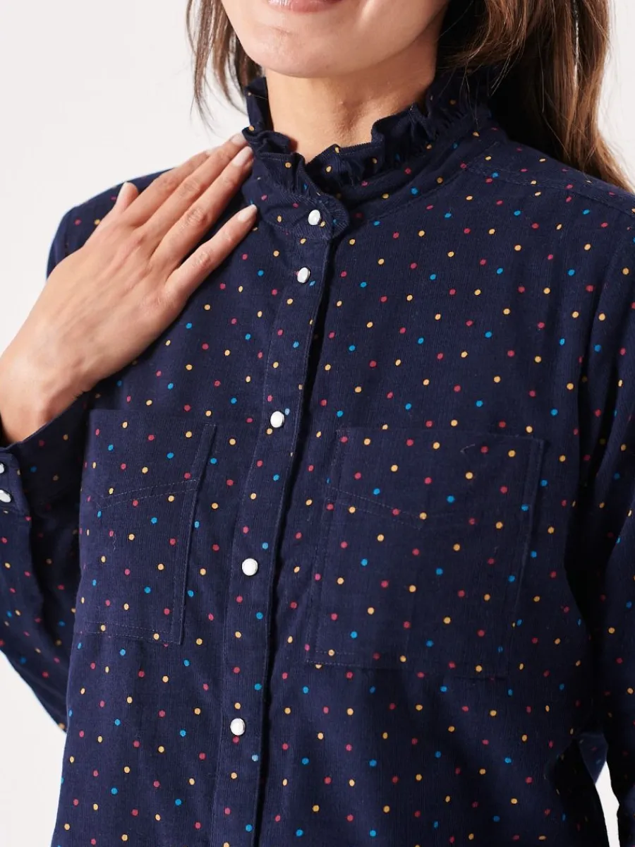 uma_frill_neck_navy_and_m_1.webp Quba & Co Uma Frill Neck Navy and Multicoloured Spotted Shirt New