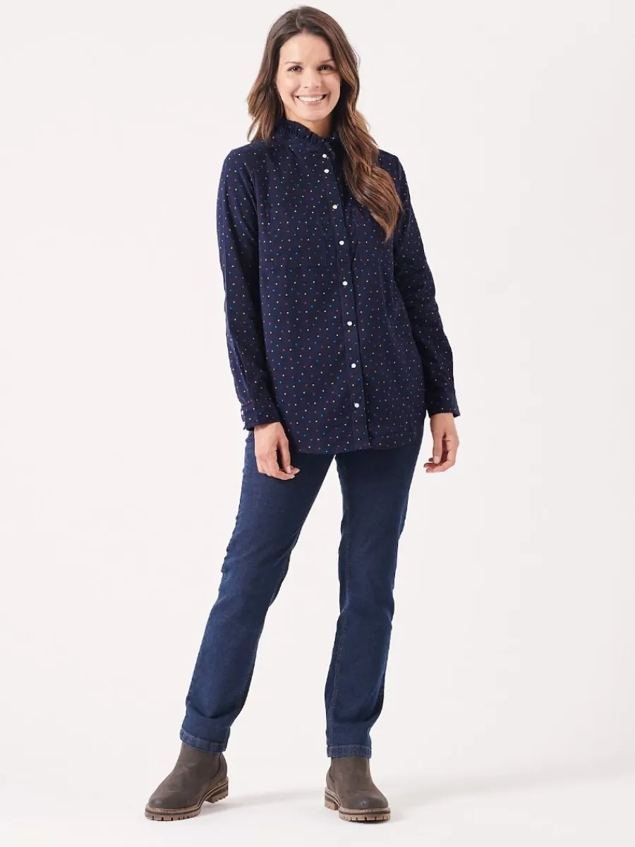 uma_frill_neck_navy_and_m_2.webp Quba & Co Uma Frill Neck Navy and Multicoloured Spotted Shirt New