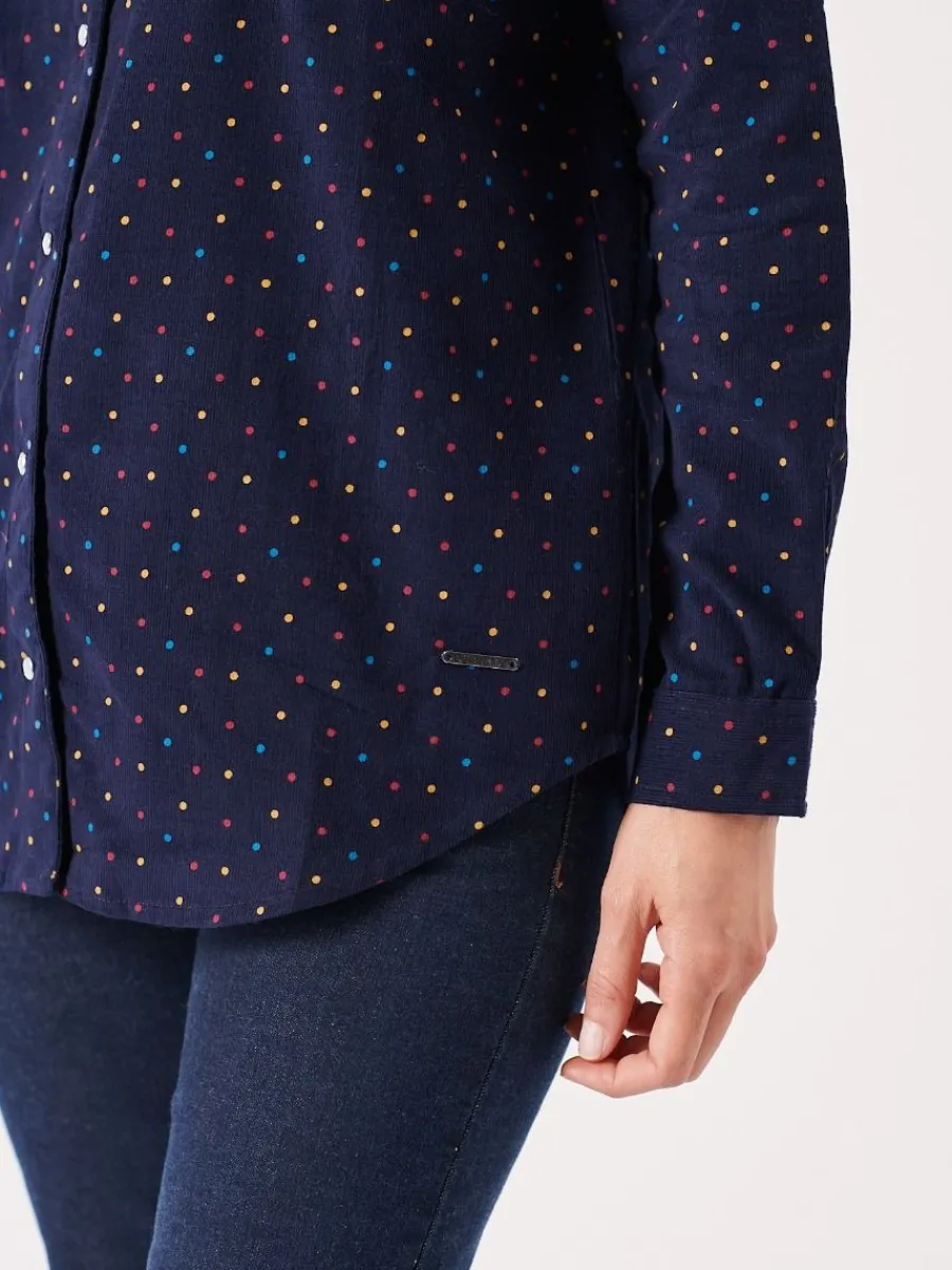 uma_frill_neck_navy_and_m_3.webp Quba & Co Uma Frill Neck Navy and Multicoloured Spotted Shirt New
