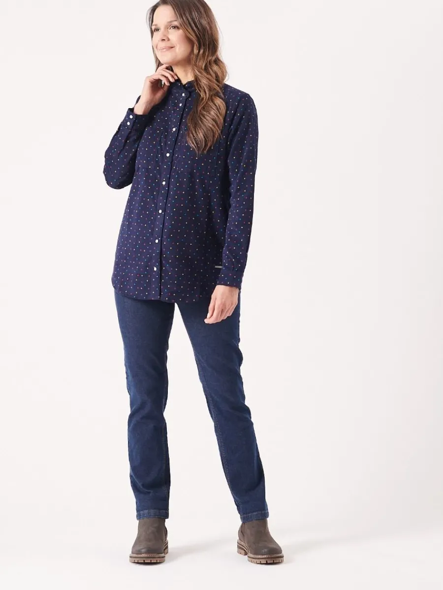 uma_frill_neck_navy_and_m_4.webp Quba & Co Uma Frill Neck Navy and Multicoloured Spotted Shirt New