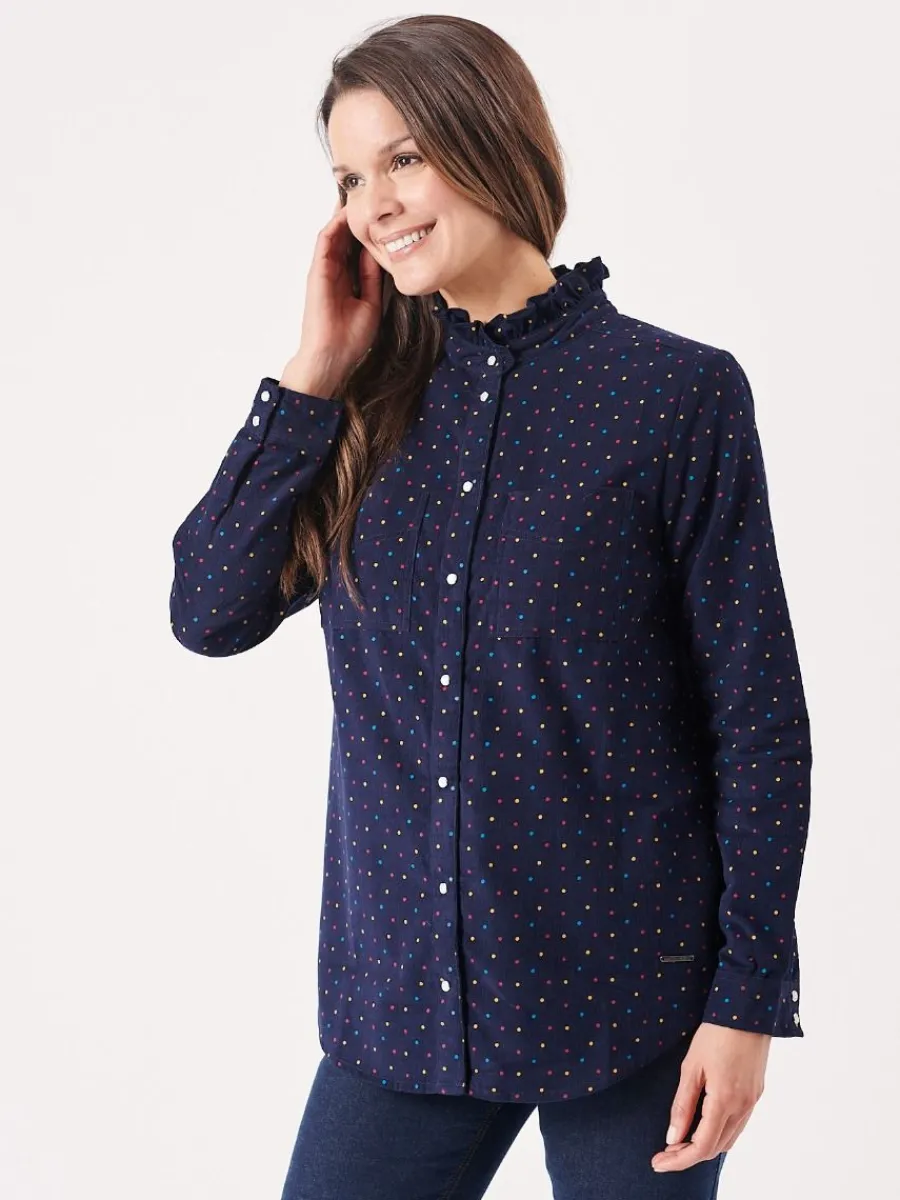 uma_frill_neck_navy_and_m_5.webp Quba & Co Uma Frill Neck Navy and Multicoloured Spotted Shirt New