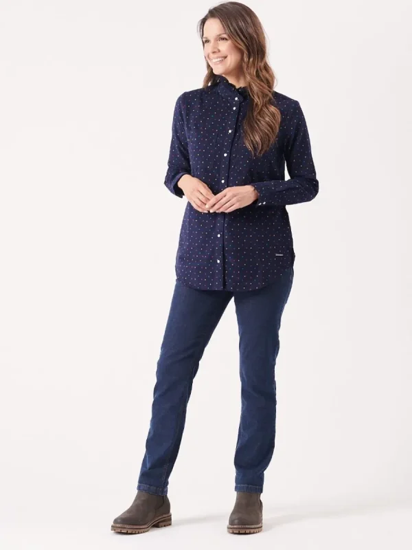 Quba & Co Uma Frill Neck Navy and Multicoloured Spotted Shirt New