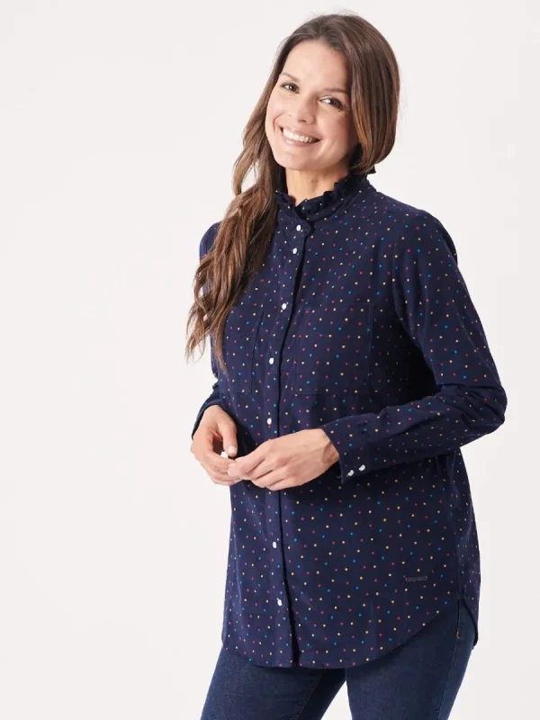 Quba & Co Uma Frill Neck Navy and Multicoloured Spotted Shirt New