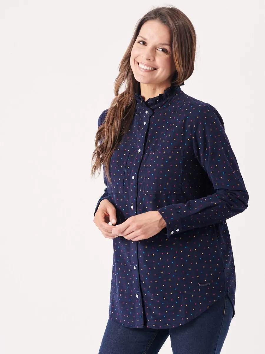 uma_frill_neck_navy_and_m_7.webp Quba & Co Uma Frill Neck Navy and Multicoloured Spotted Shirt New
