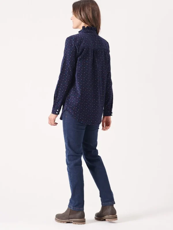 Quba & Co Uma Frill Neck Navy and Multicoloured Spotted Shirt New