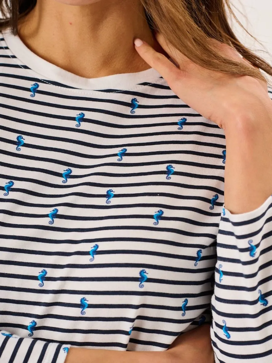 white_and_navy__sleeve_st_1.webp Quba & Co White And Navy 3/4 Sleeve Striped Seahorse Design T-Shirt - Seagal Sale