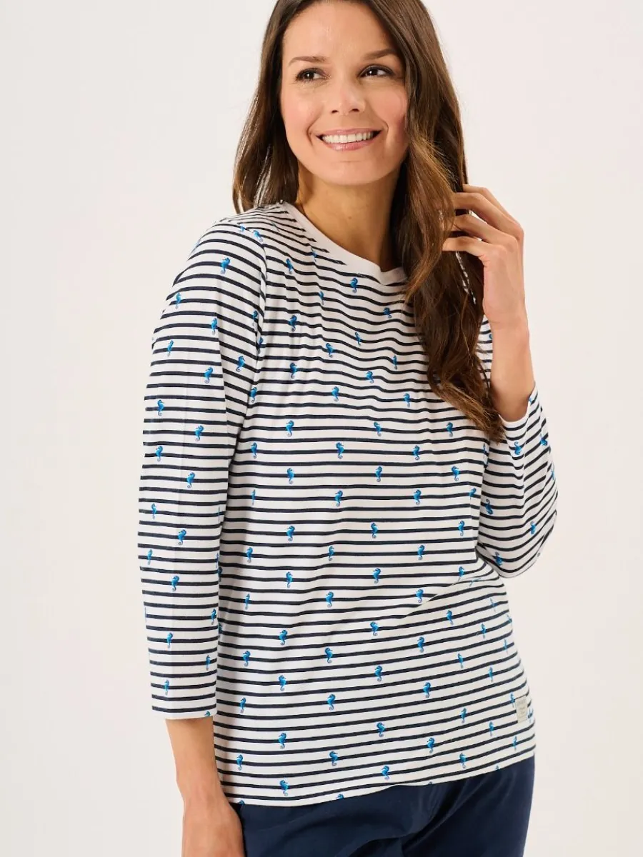 white_and_navy__sleeve_st_2.webp Quba & Co White And Navy 3/4 Sleeve Striped Seahorse Design T-Shirt - Seagal Sale