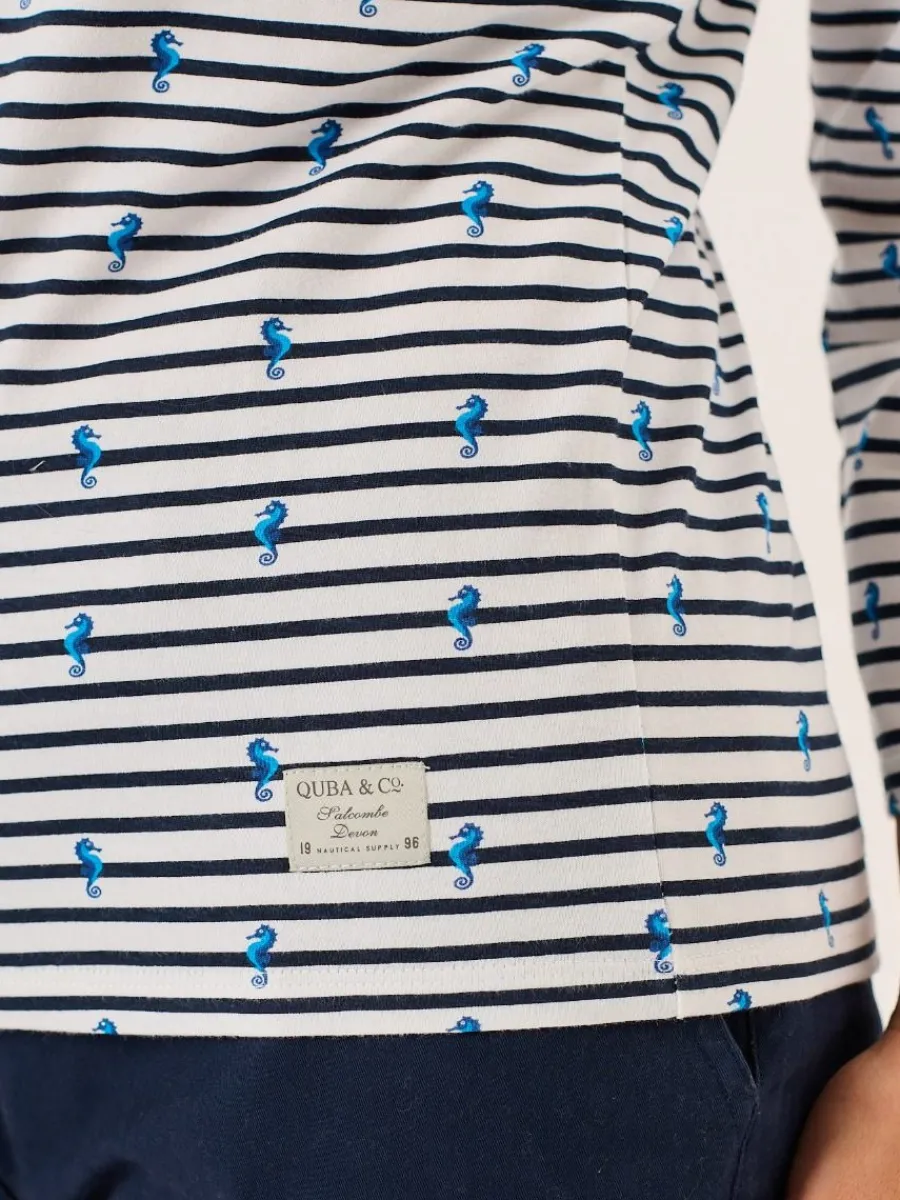 white_and_navy__sleeve_st_9.webp Quba & Co White And Navy 3/4 Sleeve Striped Seahorse Design T-Shirt - Seagal Sale