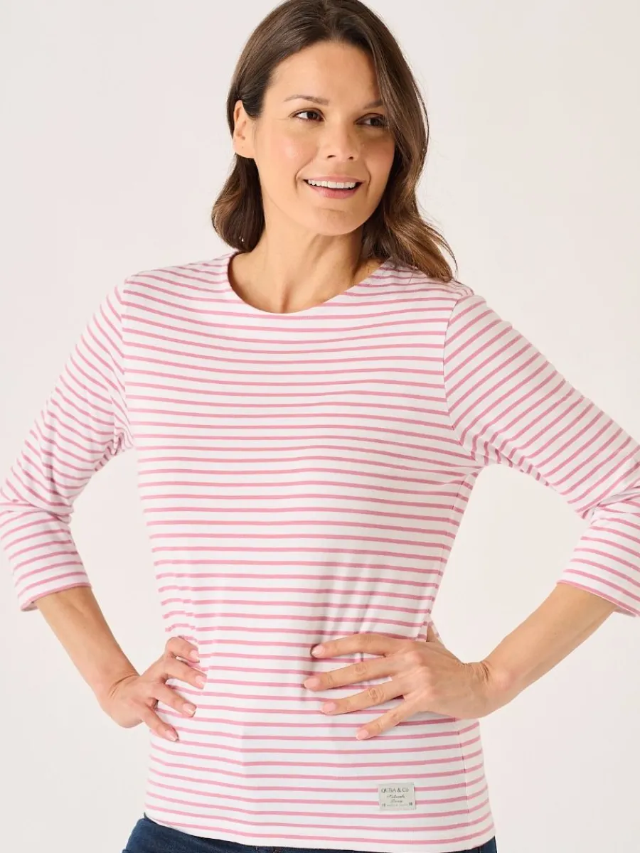 white_and_soft_rose__slee_2.webp Quba & Co White And Soft Rose 3/4 Sleeve Striped T-Shirt - Wavery Hot