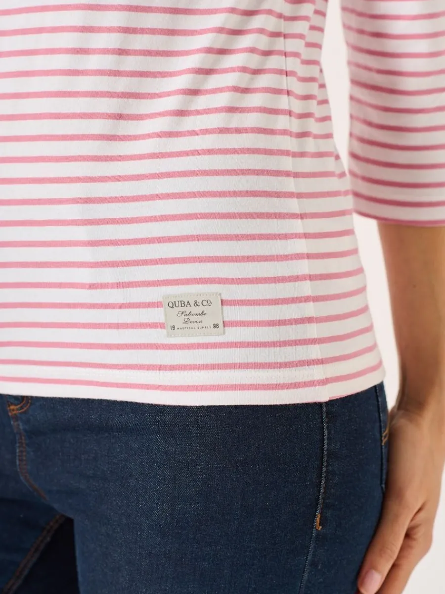 white_and_soft_rose__slee_6.webp Quba & Co White And Soft Rose 3/4 Sleeve Striped T-Shirt - Wavery Hot