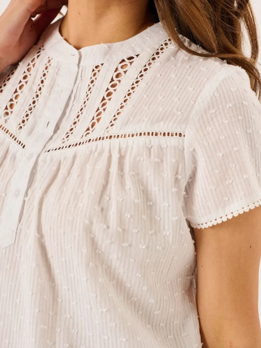 white_dobby_spot_lace_tri_1.webp Quba & Co White Dobby Spot Lace Trim Short Sleeve Blouse - Georgie Hot