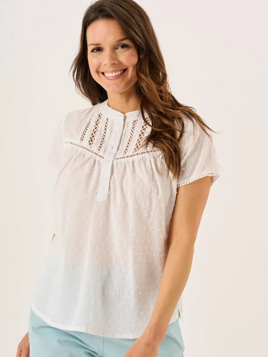 white_dobby_spot_lace_tri_2.webp Quba & Co White Dobby Spot Lace Trim Short Sleeve Blouse - Georgie Hot