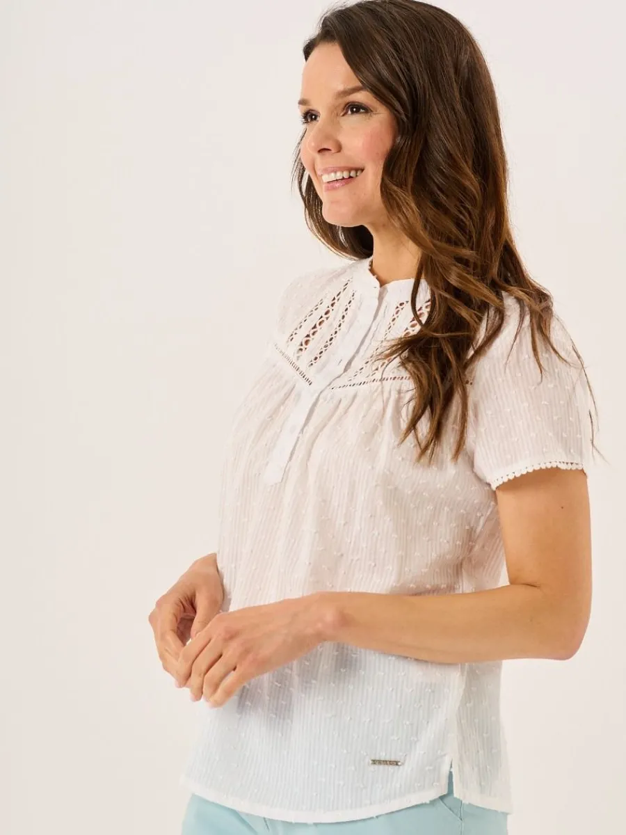 white_dobby_spot_lace_tri_3.webp Quba & Co White Dobby Spot Lace Trim Short Sleeve Blouse - Georgie Hot