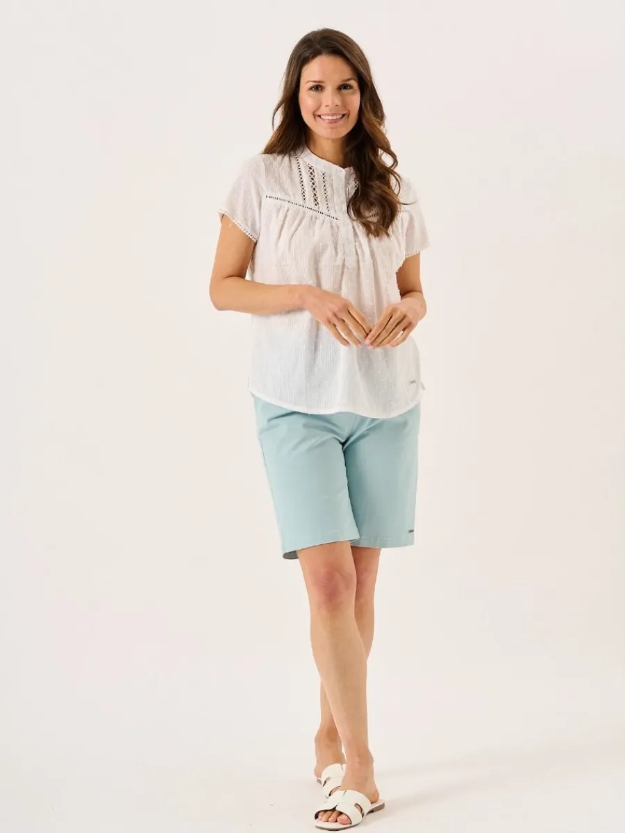 white_dobby_spot_lace_tri_4.webp Quba & Co White Dobby Spot Lace Trim Short Sleeve Blouse - Georgie Hot