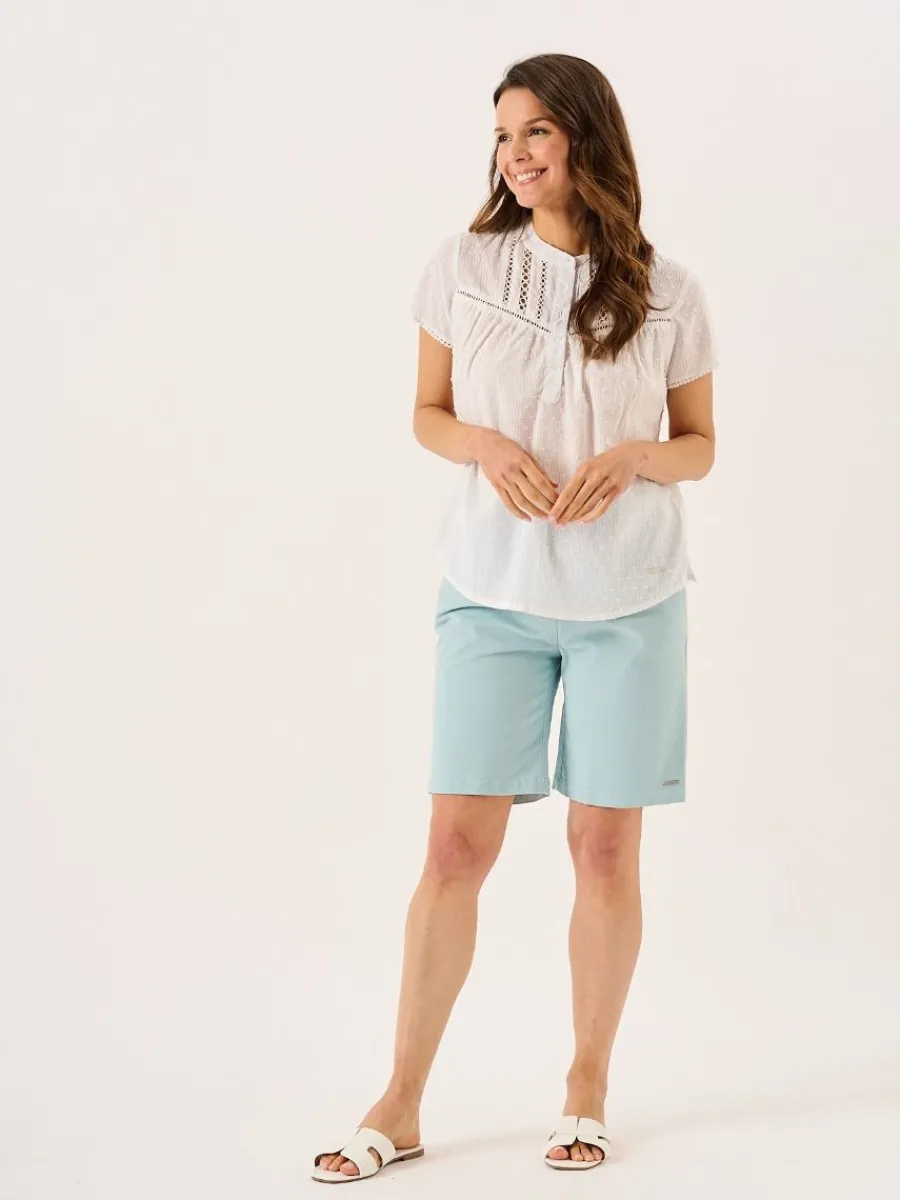 white_dobby_spot_lace_tri_5.webp Quba & Co White Dobby Spot Lace Trim Short Sleeve Blouse - Georgie Hot