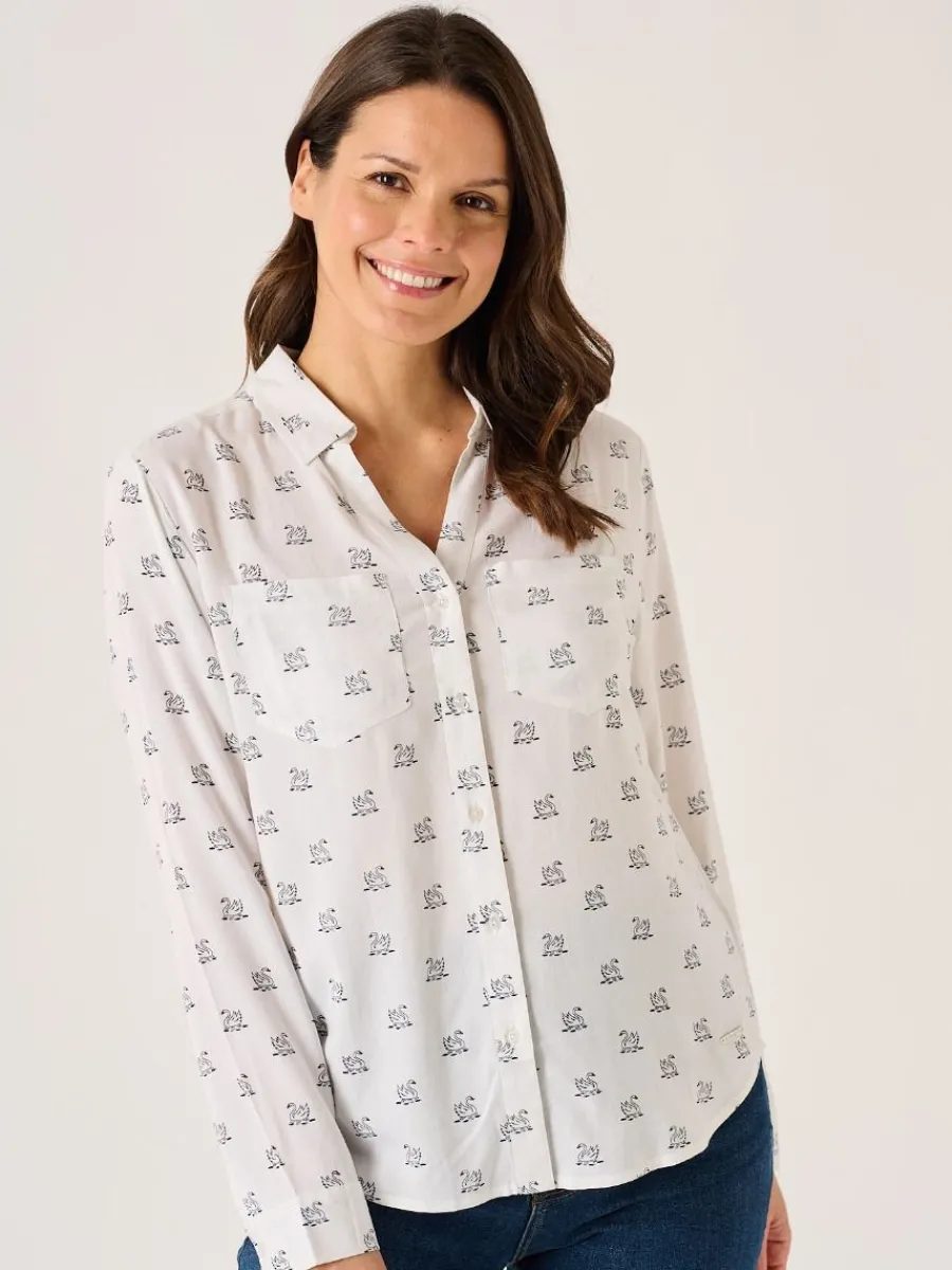 white_long_sleeve_viscose_0.webp Quba & Co White Long Sleeve Viscose Swan Print Shirt - Dune Outlet