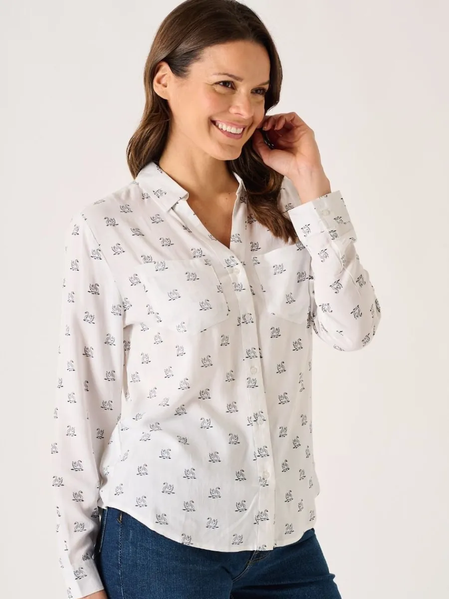 white_long_sleeve_viscose_2.webp Quba & Co White Long Sleeve Viscose Swan Print Shirt - Dune Outlet