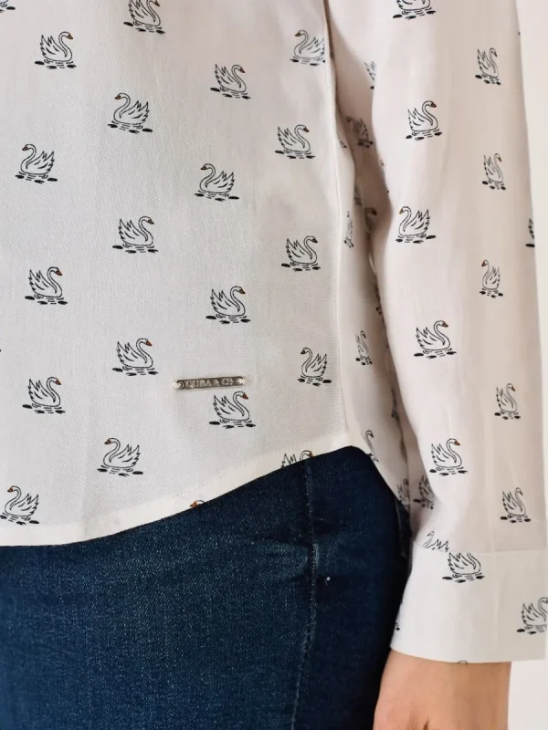 Quba & Co White Long Sleeve Viscose Swan Print Shirt - Dune Outlet